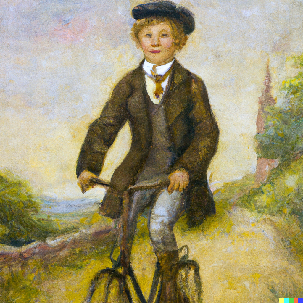DALL·E 2022-08-28 10.40.36 - Victorian era boy riding a bicycle in England, small boy style painting.png
