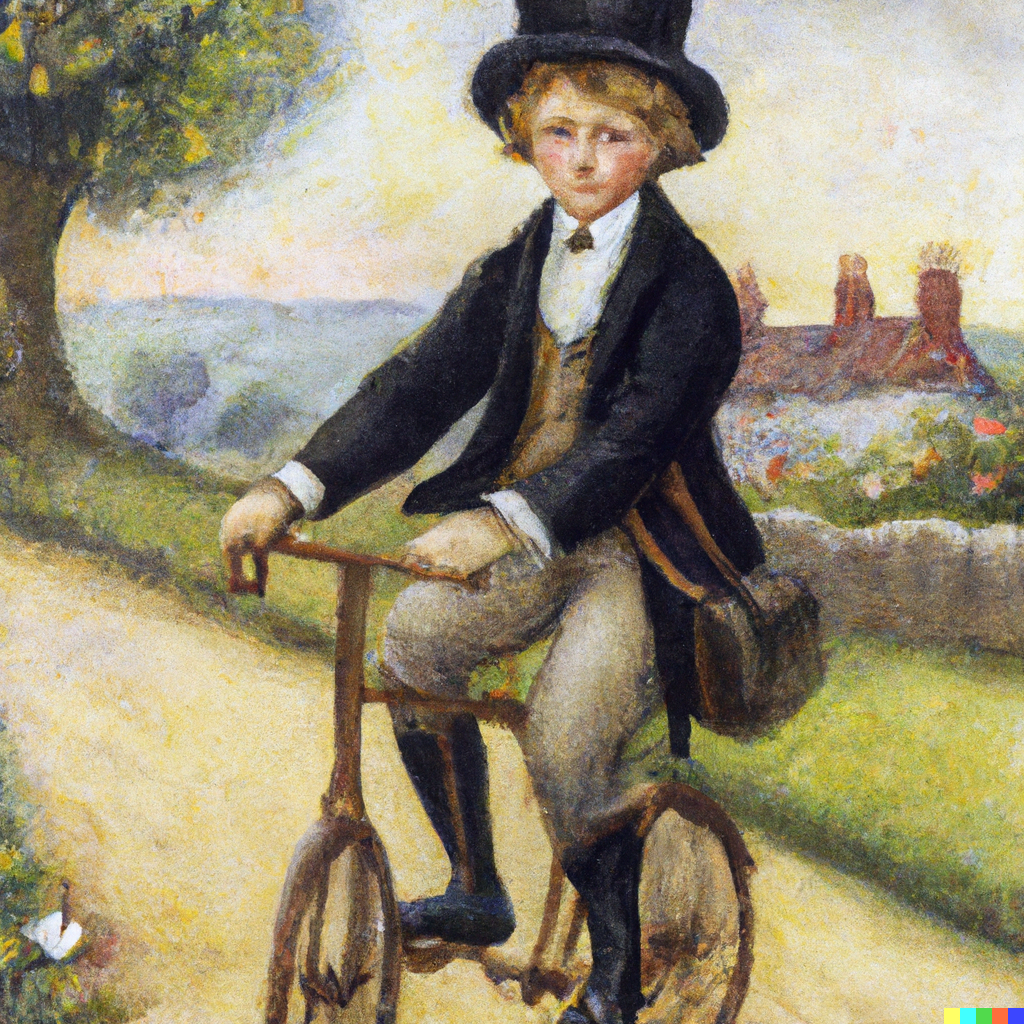 DALL·E 2022-08-28 10.40.50 - Victorian era boy riding a bicycle in England, small boy style painting.png