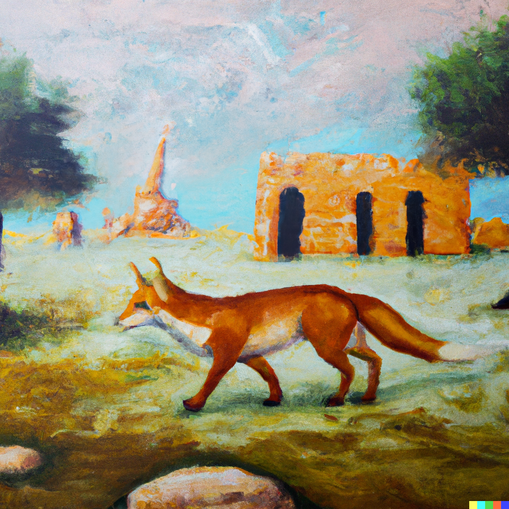 DALL·E 2022-08-28 10.42.46 - A fox descends from the Holy of Holies on the Temple Mount, during the ancient period. Ancient oil painting.png