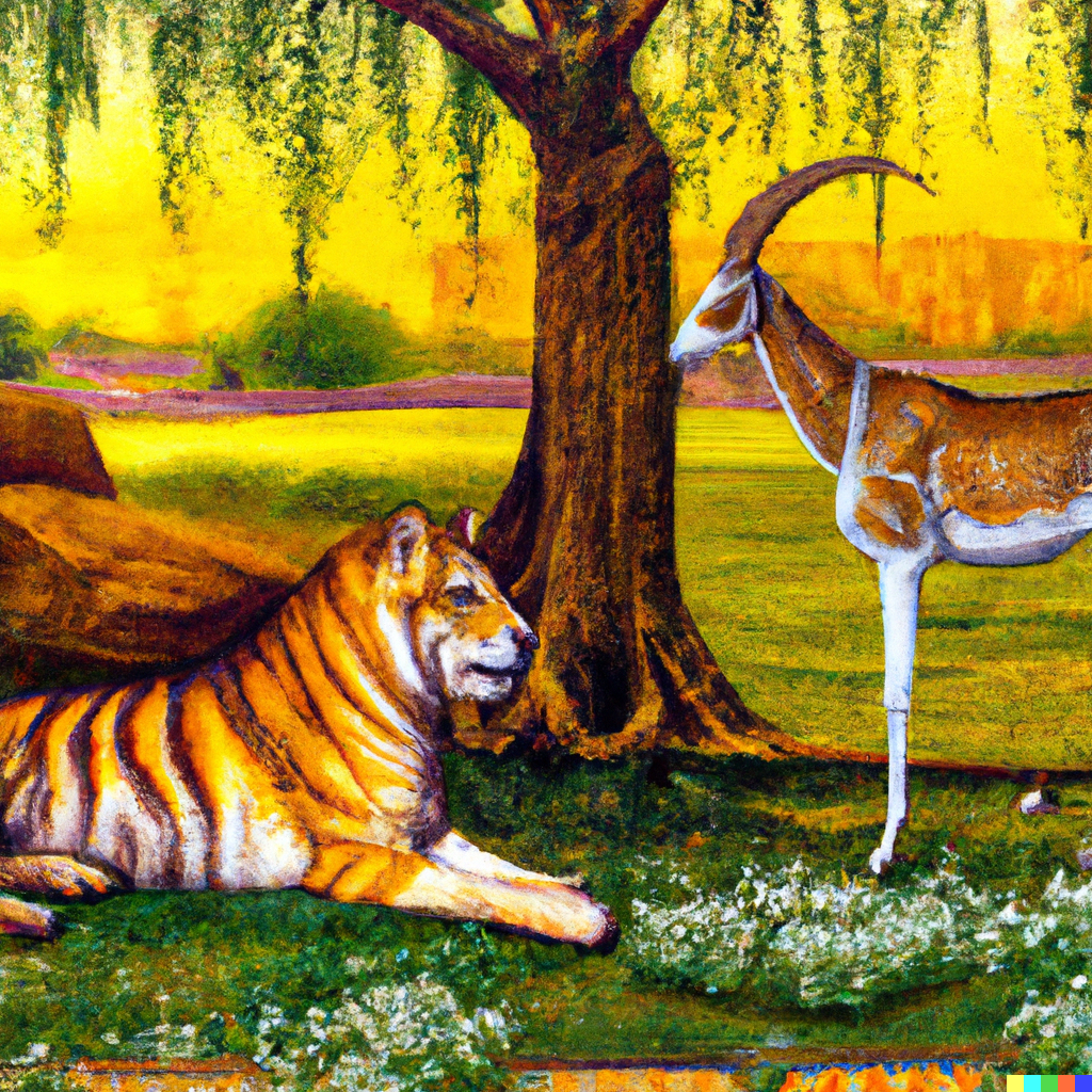 DALL·E 2022-08-28 10.41.39 - A tiger lies near a goat, in the background of a spring landscape, a real picture, a painting in the style of ancient Egyptian art.png