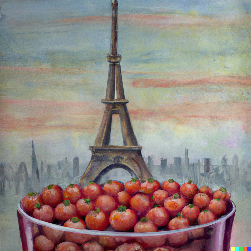 DALL·E 2022-08-28 10.43.57 - Pink cherry tomatoes in a huge vase standing on top of the Eiffel Tower, distant view, Van Gogh style painting.png