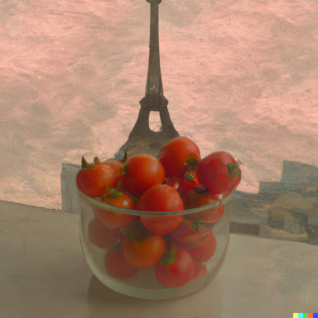 DALL·E 2022-08-28 10.44.04 - Pink cherry tomatoes in a huge vase standing on top of the Eiffel Tower, distant view, Van Gogh style painting.png