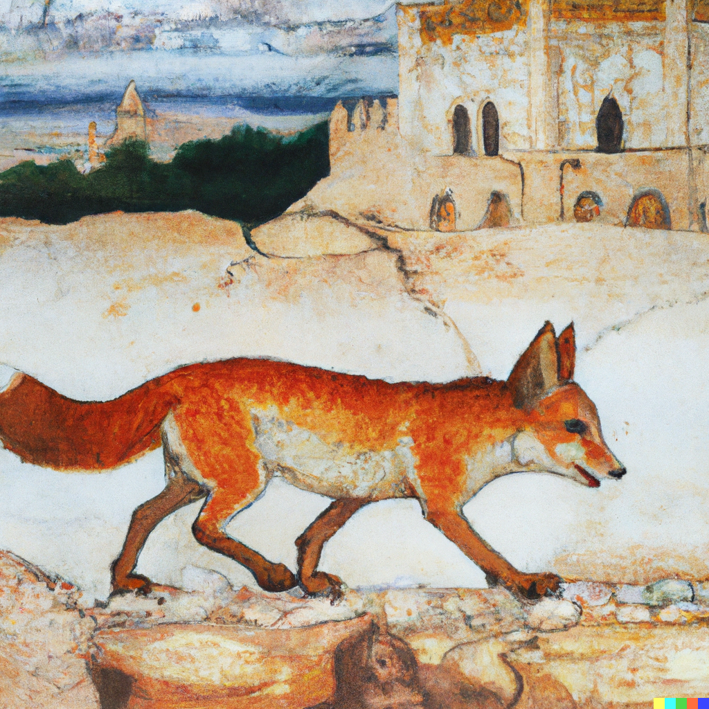 DALL·E 2022-08-28 10.43.40 - A fox walking on the Temple Mount, a painting from ancient times.png