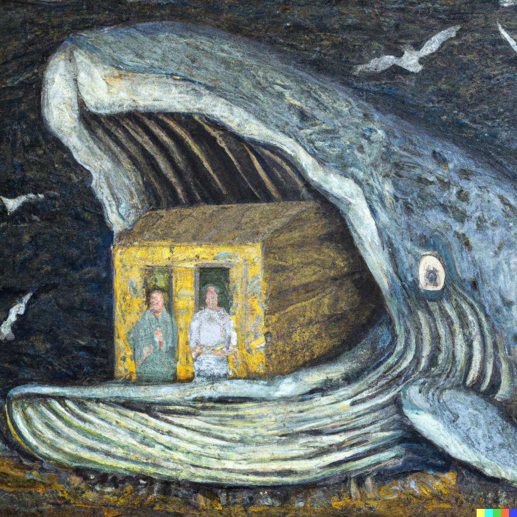 DALL·E 2022-08-28 10.42.31 - A house made of the skin of a giant whale, with old Jews with white beards sitting inside, oil painting.png
