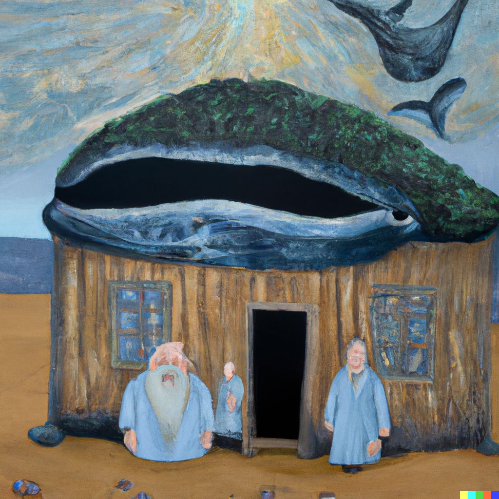 DALL·E 2022-08-28 10.42.38 - A house made of the skin of a giant whale, with old Jews with white beards sitting inside, oil painting.png