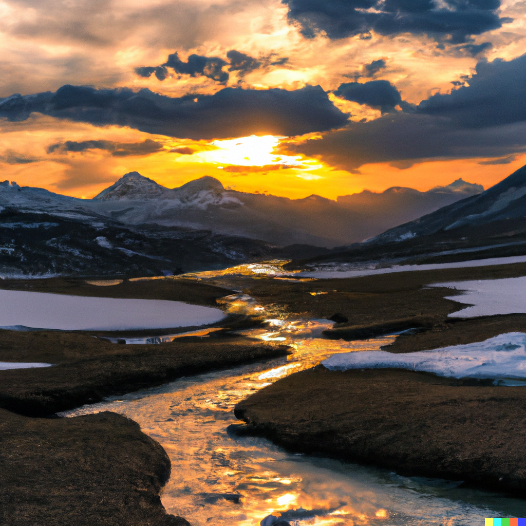 9ca3d403-9d79-470a-9005-6b91cd0d7de0-DALL·E 2023-01-09 19.01.15 - Show a sunset scene with two snowy mountains, a stream, and clouds.png