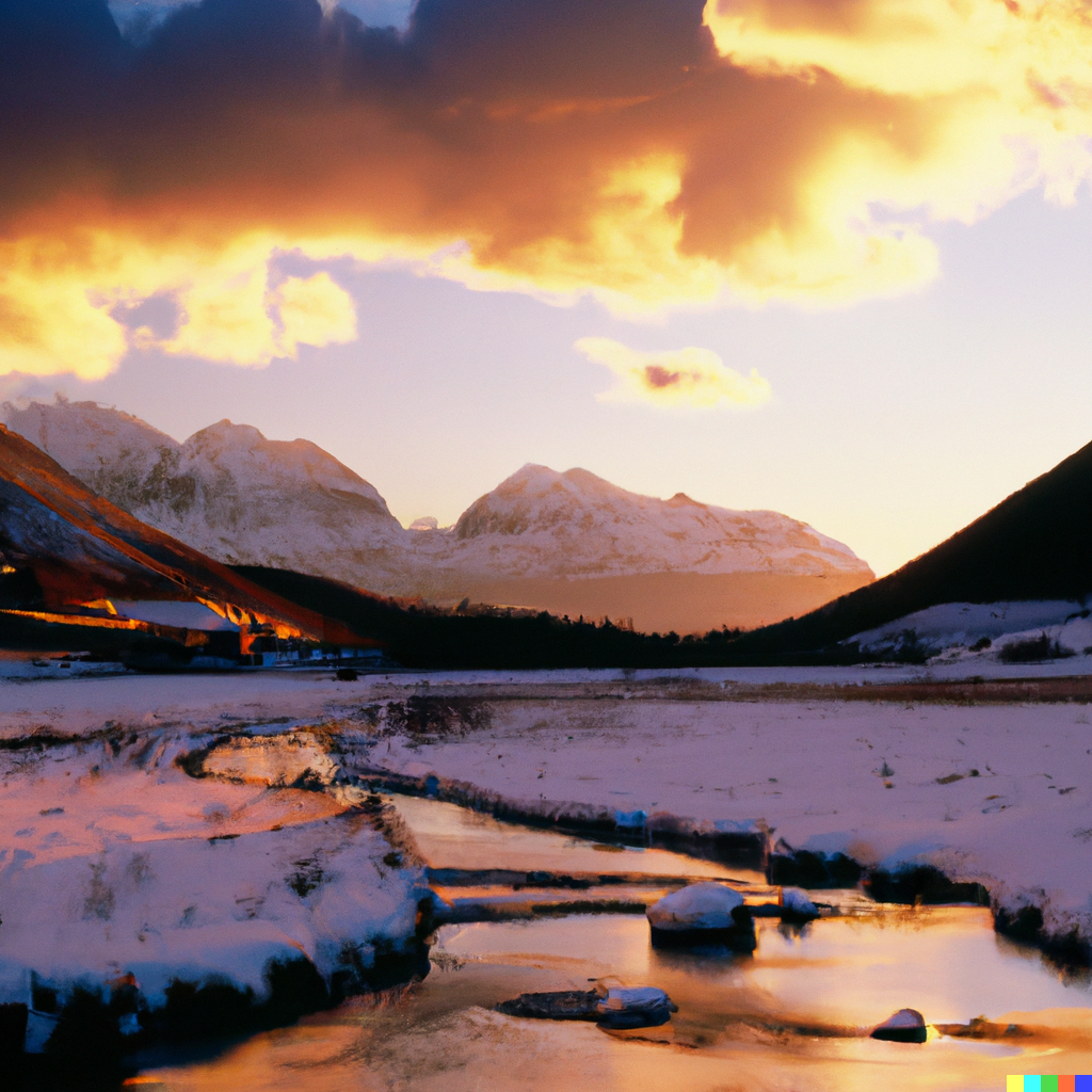 a4bd7744-3abc-455d-9fac-77389ab07ef0-DALL·E 2023-01-09 19.01.12 - Show a sunset scene with two snowy mountains, a stream, and clouds.png