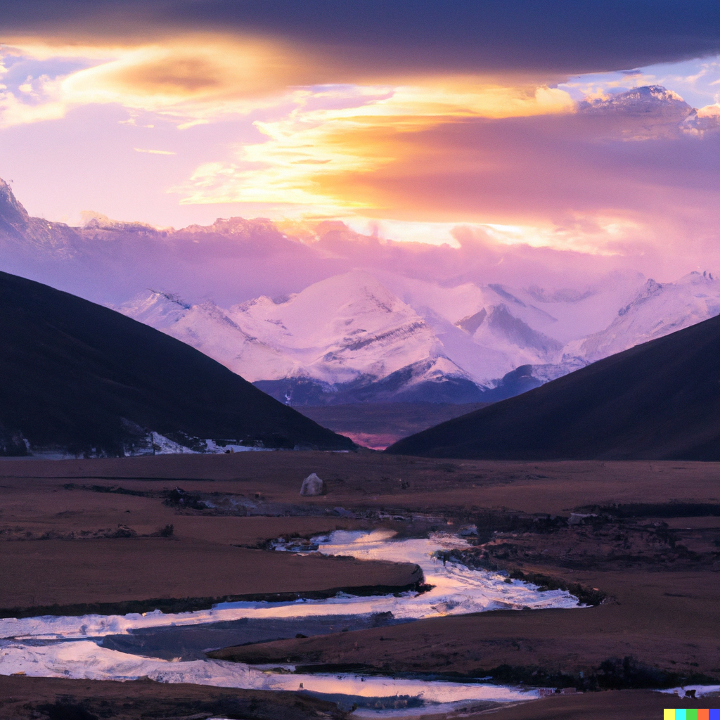 3281a144-45da-47e0-bbc3-8362ca6a4dd9-DALL·E 2023-01-09 19.01.10 - Show a sunset scene with two snowy mountains, a stream, and clouds.png