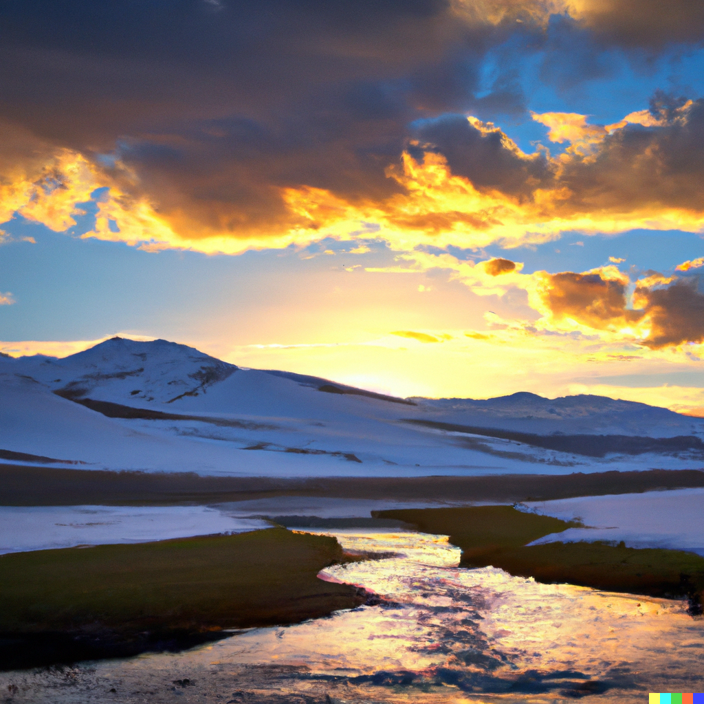 ad9983b9-62f4-4dd4-ba09-7b379933c913-DALL·E 2023-01-09 18.59.55 - Show a sunset scene with two snowy mountains, a stream, and clouds.png