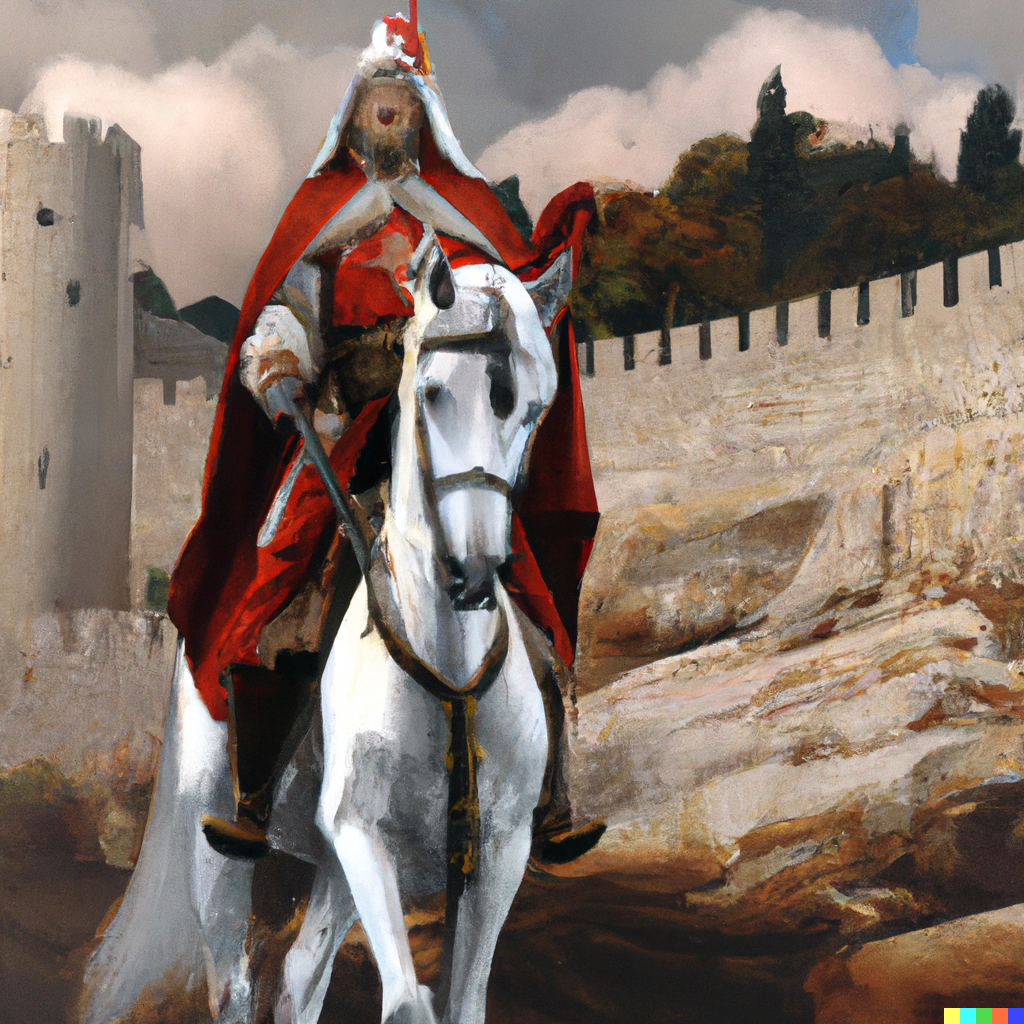 DALL·E 2023-01-11 02.53.13 - image of Napoleon with a red cloak riding a knightly white horse in front of the walls of Jerusalem in FHD quality that will look like a real picture.png