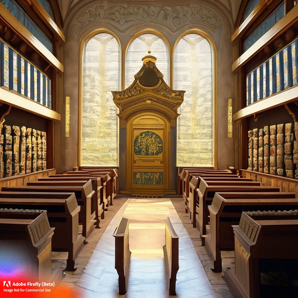 Firefly_A+synagogue with long rectangular glass windows and in the center a golden ark with a cloth apron embroidered with a lamp with seven reeds, libraries full of Jewish holy books on both sides and woo.jpg