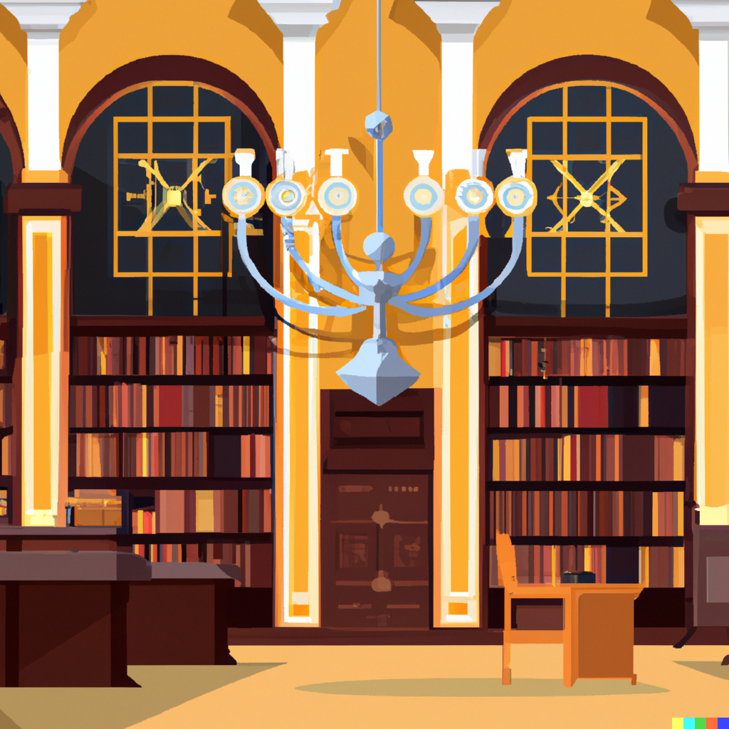 DALL·E 2023-04-21 00.51.59 - A synagogue with long rectangular glass windows and with a golden ark with a cloth apron embroidered on it with a lamp with seven reeds and with libra.png