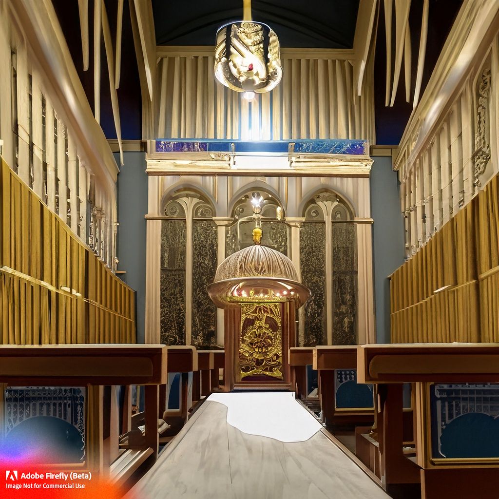 Firefly_A+synagogue with long rectangular glass windows and with a golden ark with a cloth apron embroidered on it with a lamp with seven reeds and with libraries full of Jewish holy books on both sides an.jpg