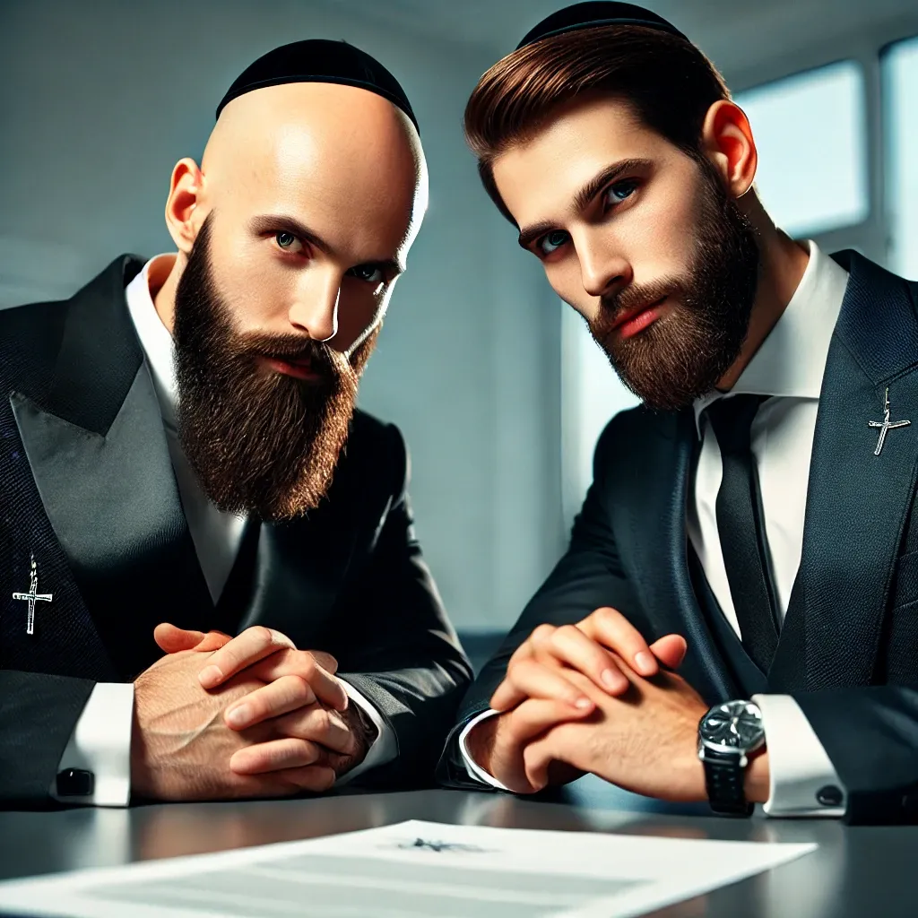 DALL·E 2024-08-25 23.02.49 - A professional and artistic scene featuring two Orthodox businessmen, one with a bald dome and the other with head hair. Both have small beards instea.webp