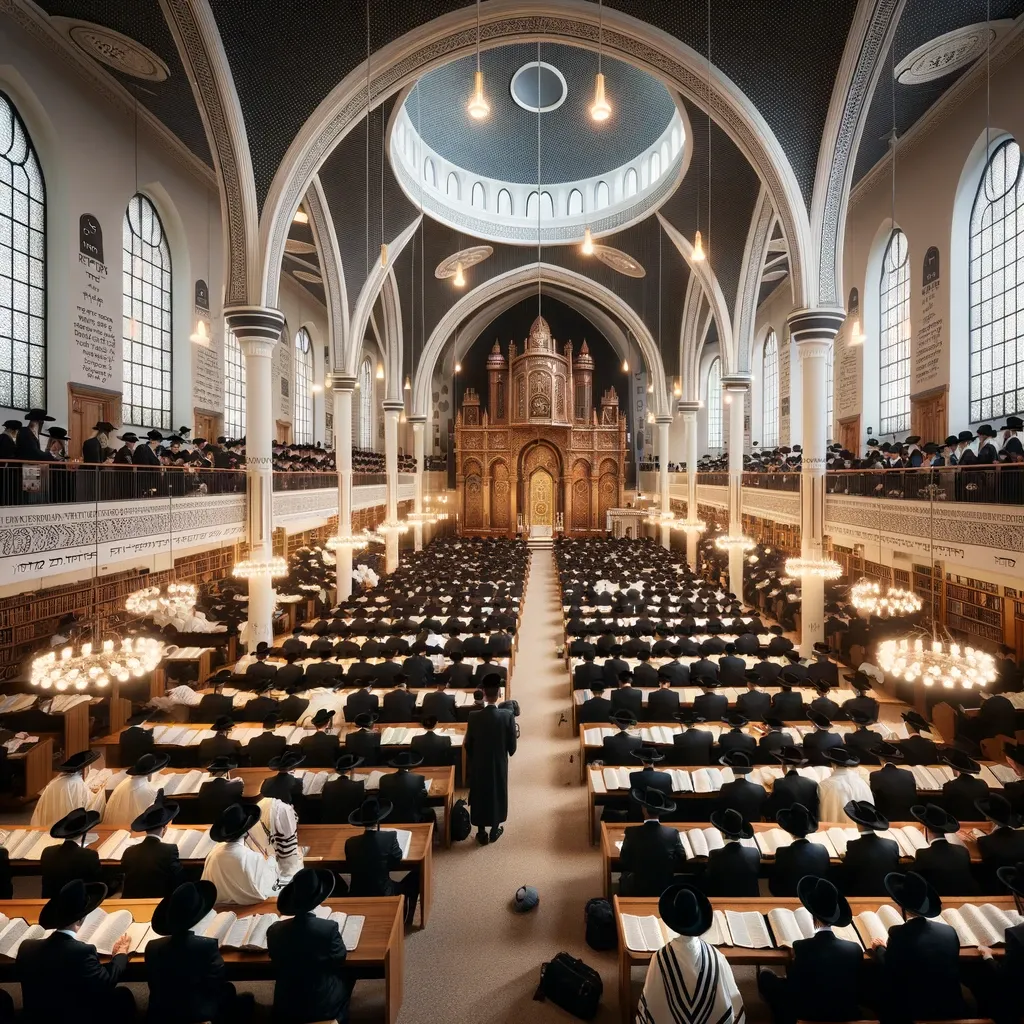 DALL·E 2024-09-06 13.11.07 - A large, modern Chasidic synagogue interior during Yom Kippur prayers. The room is filled with men wearing traditional tallits (prayer shawls) and bla.webp