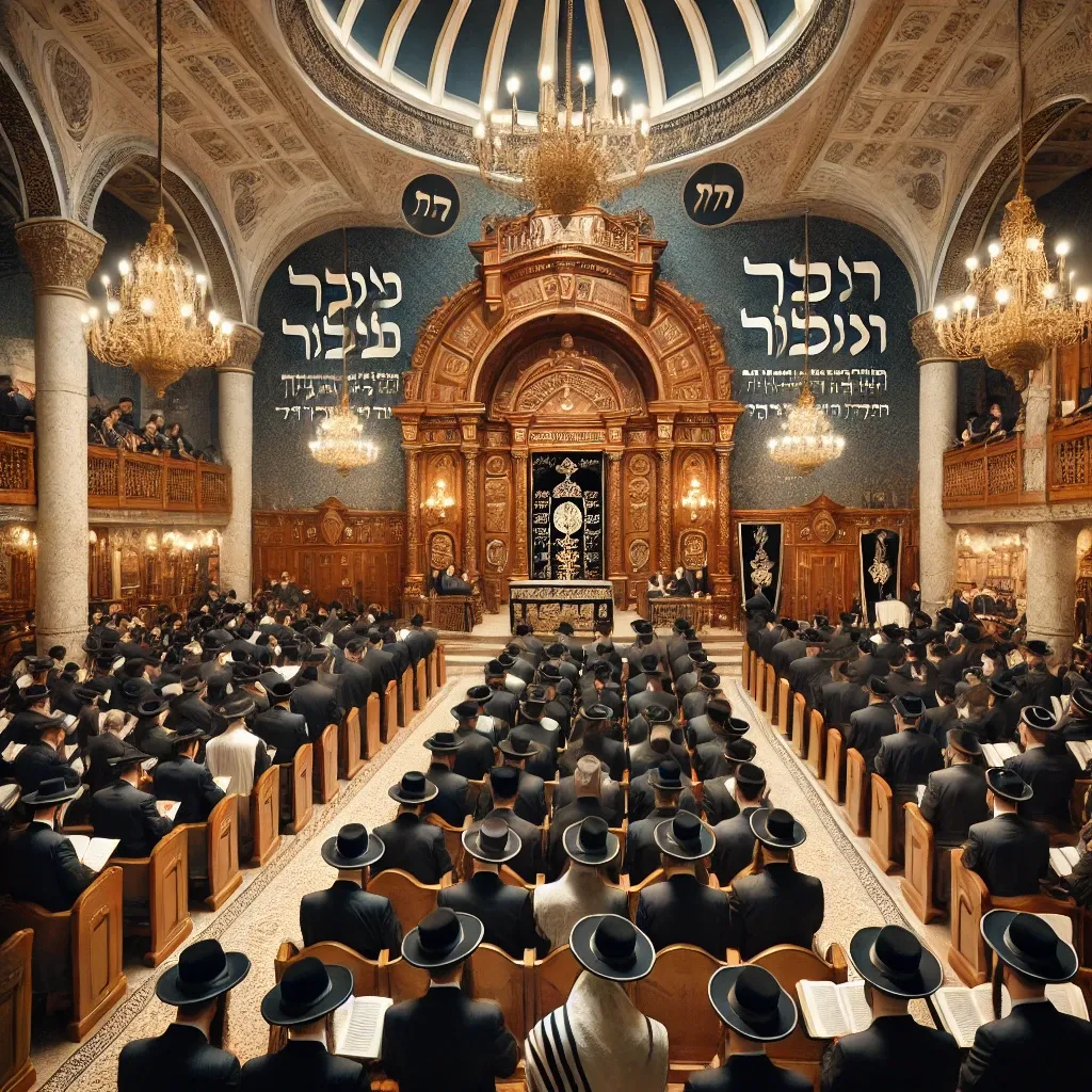 DALL·E 2024-09-06 13.11.11 - A large, modern Chasidic synagogue interior during Yom Kippur prayers. The room is filled with more men wearing traditional tallits (prayer shawls) an.webp