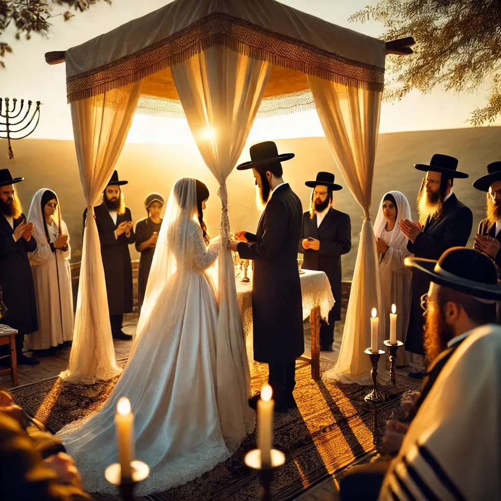 DALL·E 2024-09-07 22.59.26 - A traditional Jewish wedding under a chuppah during sunset. The couple, dressed in Orthodox Jewish attire, are standing beneath the chuppah, the groom.webp