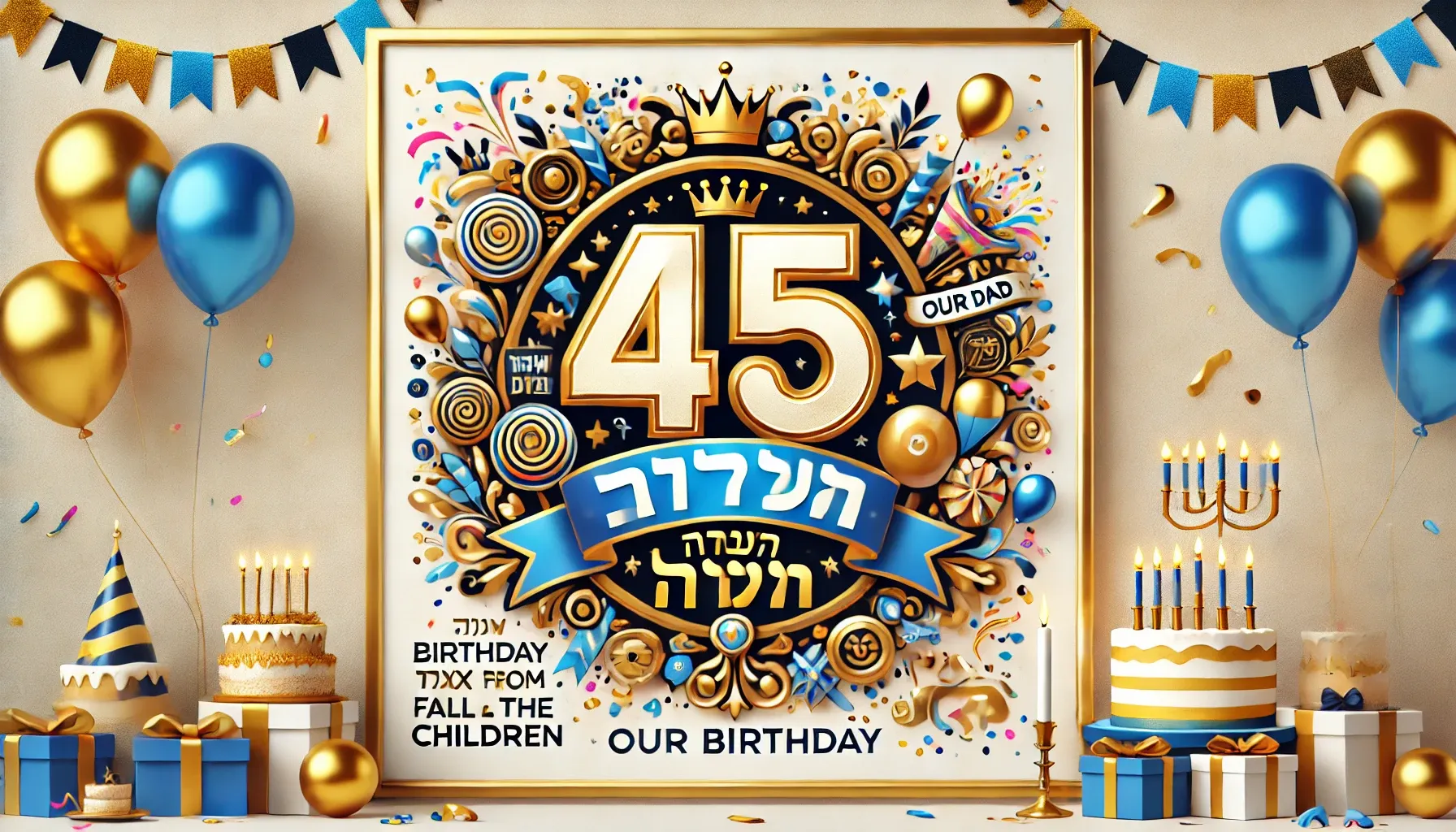 DALL·E 2024-09-09 12.19.07 - A celebratory birthday design for a 45-year-old father, featuring the words 'אבא שלנו' (Our Dad in Hebrew) prominently. The design should include a sp.webp