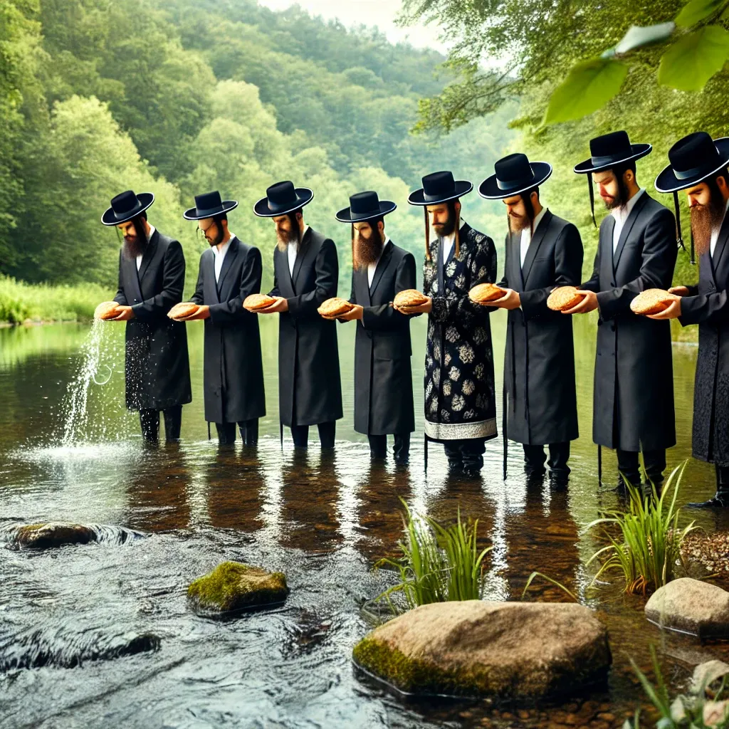 DALL·E 2024-09-17 12.24.44 - A group of Orthodox Jewish men, dressed in traditional black holiday clothing and hats, standing by a calm river performing the Tashlich ceremony. The.webp