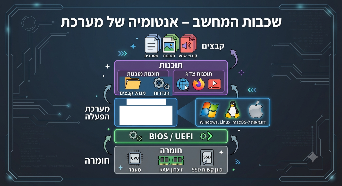 תרשים של חיבור בין עולם החומרה לתוכנה ואת ההיררכיה של התוכנה.png